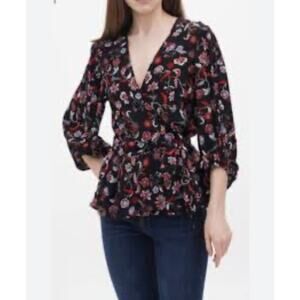 Banana Republic Women's Floral Print Wrap Top with Bishop Sleeves Black/Red SP